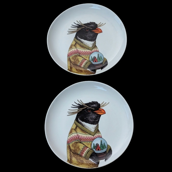 West Elm Rachel Kozlowski (2)  Dapper Animal Holiday Plates Penguins Snow Globe - Picture 2 of 7